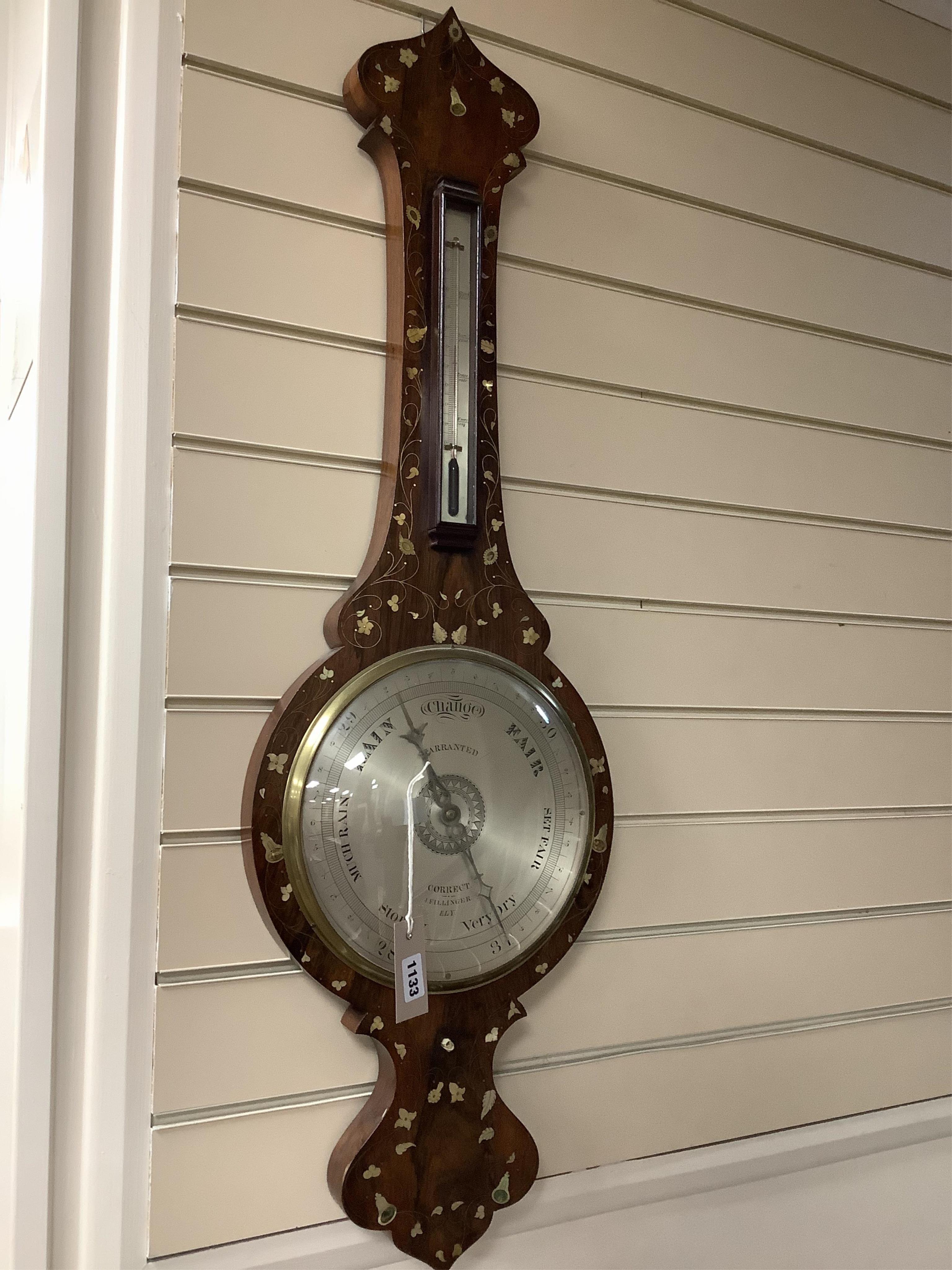 A Victorian rosewood and pearl wheel barometer, height 100cm. Condition - fair